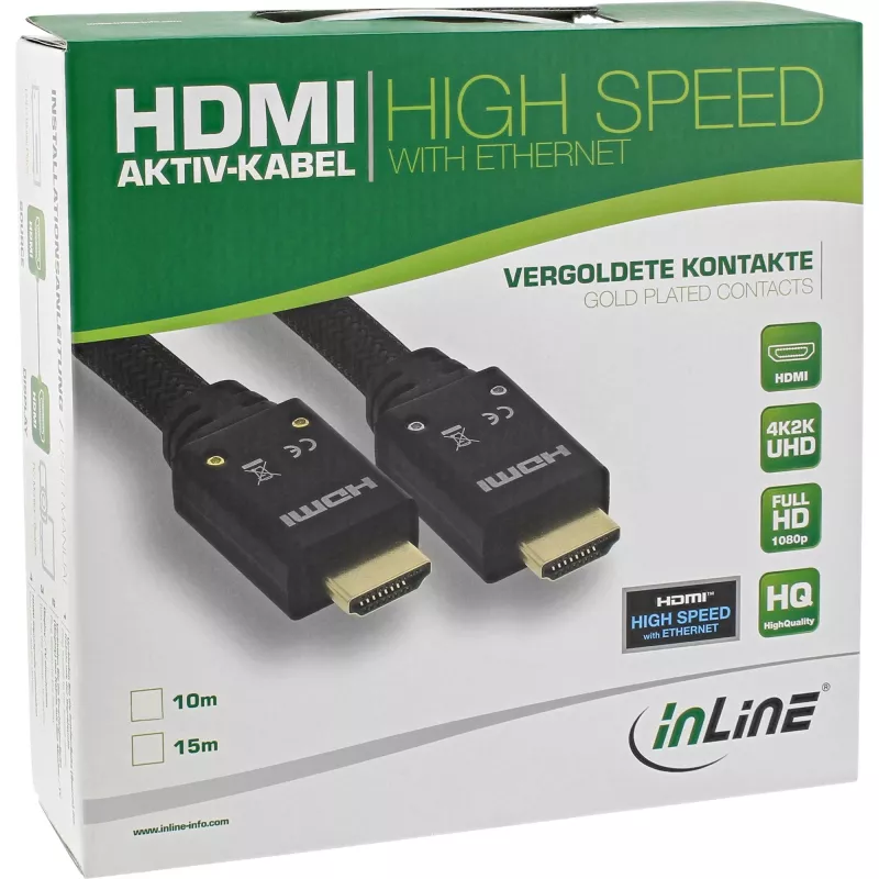 InLine HDMI-actiefkabel, HDMI High Speed met Ethernet, M/M, nylon gevlochten, 15 m