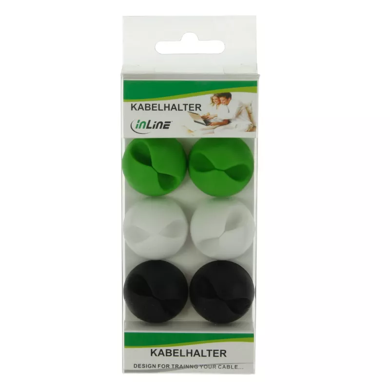 Kabel-gummiklem InLine 6 stuks — wit, groen, zwart — kabelorganizer-clips