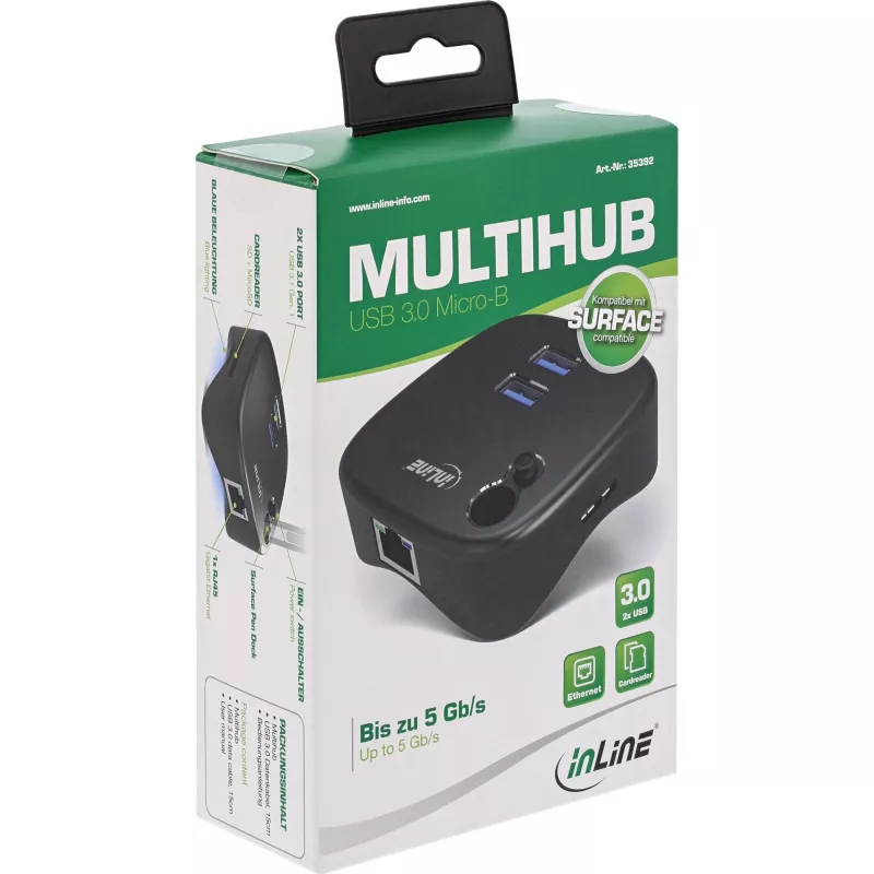 InLine USB 3.0-multi-adapter, 2x USB-A, RJ45, SD/microSD-kaartlezer, zwart