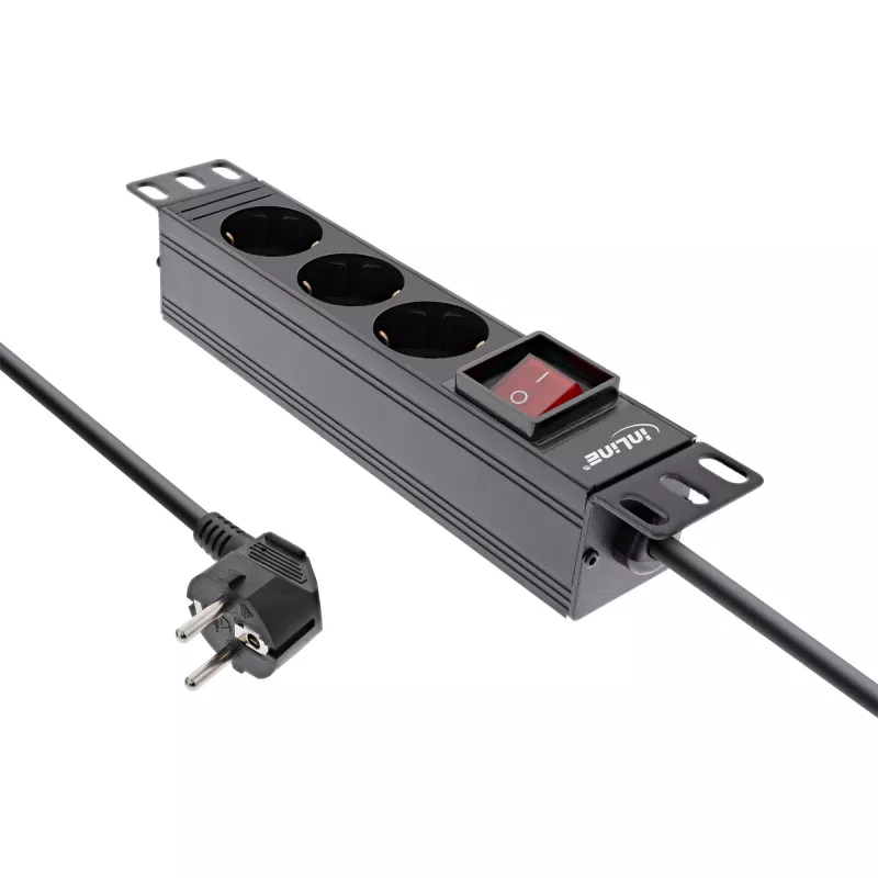 InLine 10-inch PDU, 3-voudig randaarde, met schakelaar, 2m, zwart