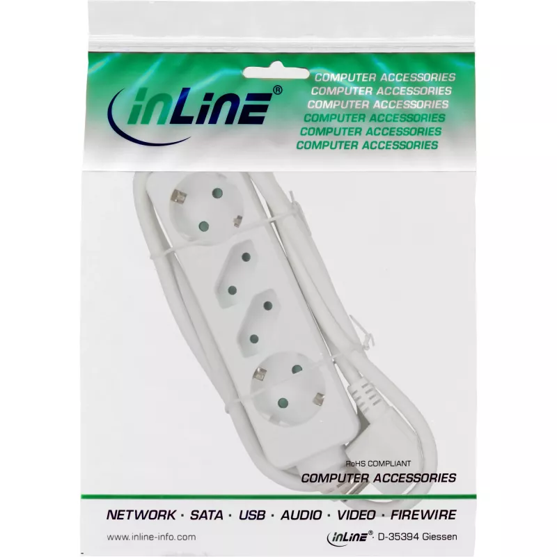 InLine stekkerdoos, 4-voudig, 2x CEE7/3 + 2x Euro CEE 7/16, wit, 3m