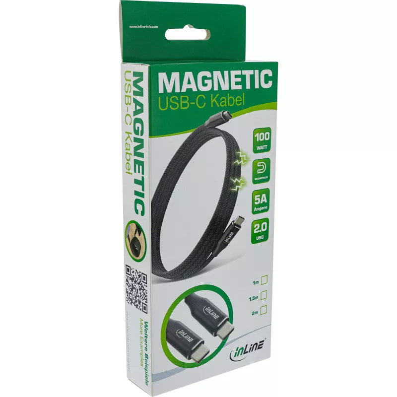 InLine magnetische USB-C-kabel, USB-C stekker/stekker, 100W, zwart, 1,5m