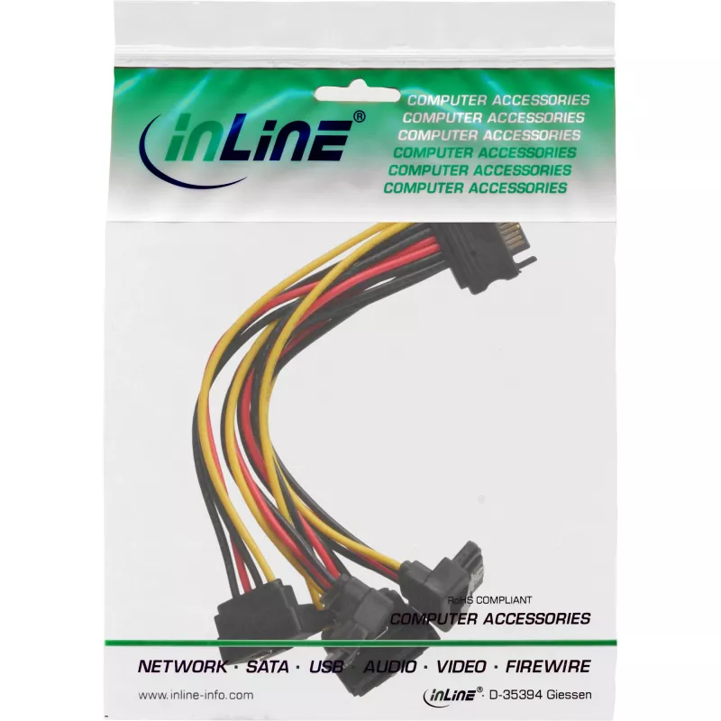 InLine SATA Power 1 naar 4 kabel bus / 4x SATA stekker haaks met vergrendelingen 0,30 m