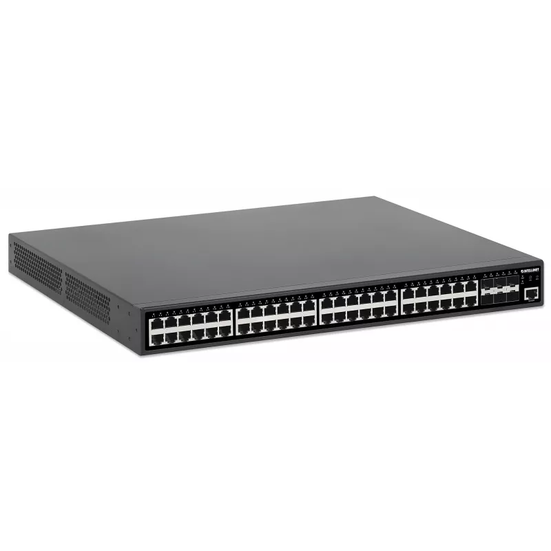 Intellinet 48-poort Gigabit Ethernet PoE+ Layer 2+ managed switch met zes 10G SFP+ uplinks IEEE 802.3at/af (PoE+/PoE) conform, 450 W PoE-budget, Layer 2+/Layer 3 Lite, 6 x 10G SFP+ open