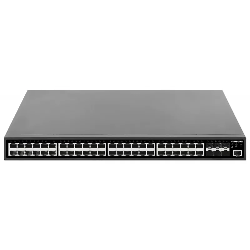 Intellinet 48-poort Gigabit Ethernet PoE+ Layer 2+ managed switch met zes 10G SFP+ uplinks IEEE 802.3at/af (PoE+/PoE) conform, 450 W PoE-budget, Layer 2+/Layer 3 Lite, 6 x 10G SFP+ open