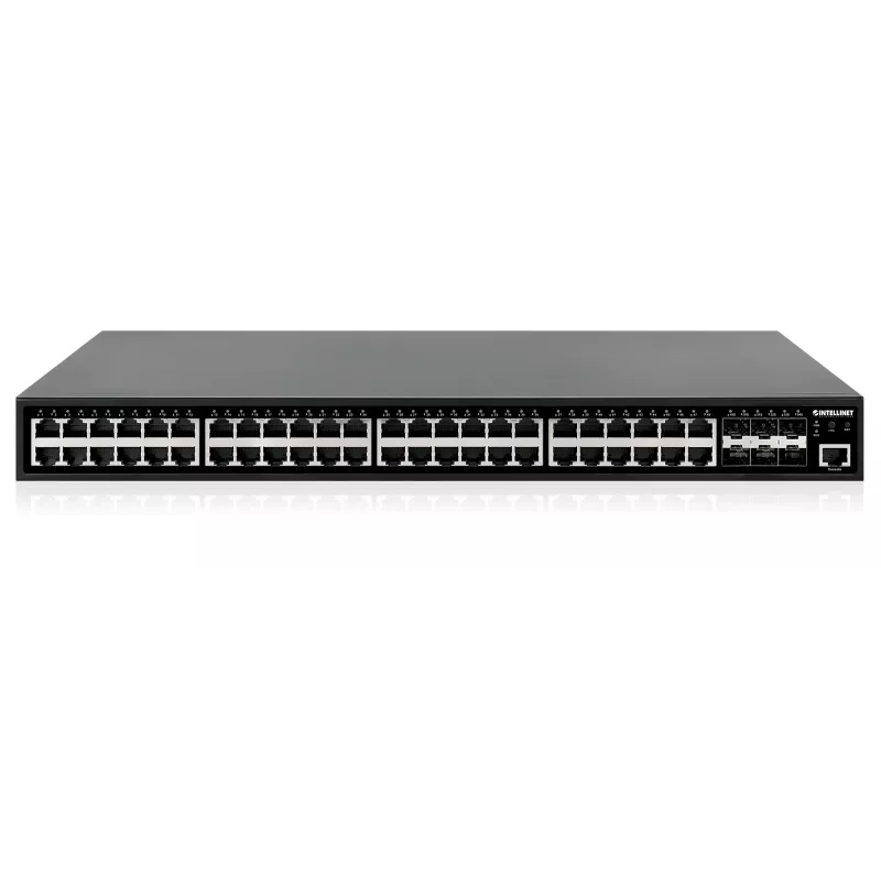 Intellinet 48-poort Gigabit Ethernet PoE+ Layer 2+ managed switch met zes 10G SFP+ uplinks IEEE 802.3at/af (PoE+/PoE) conform, 450 W PoE-budget, Layer 2+/Layer 3 Lite, 6 x 10G SFP+ open