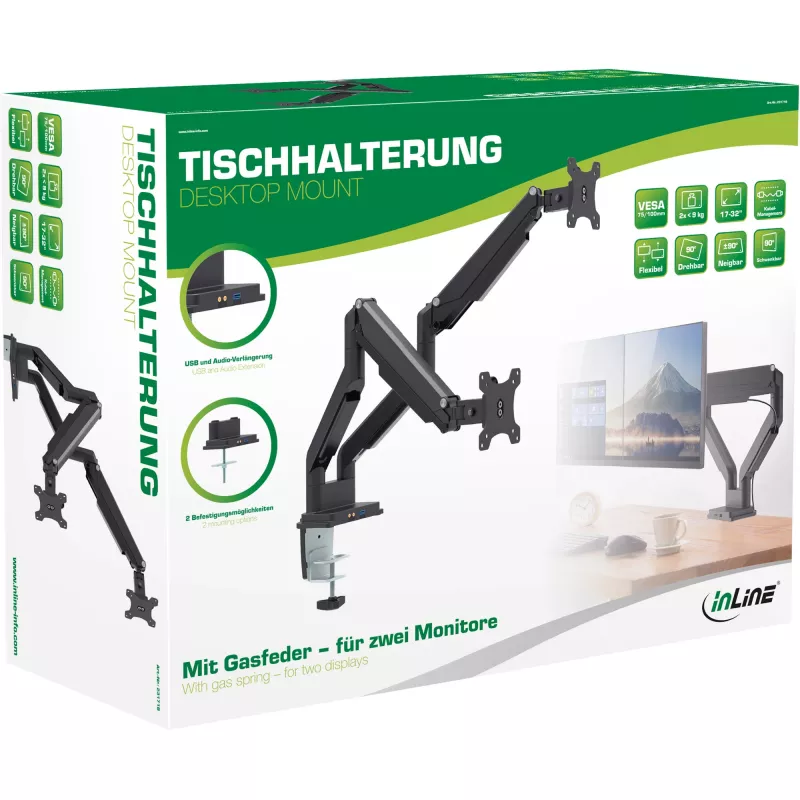 InLine bureausteun met hubmechanisme en USB/audio, 2 monitors tot 81 cm (32 inch), zwart