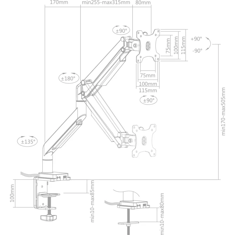 InLine tafelsteun met lift en USB/audio tot max. 82 cm 32 inch 9 kg
