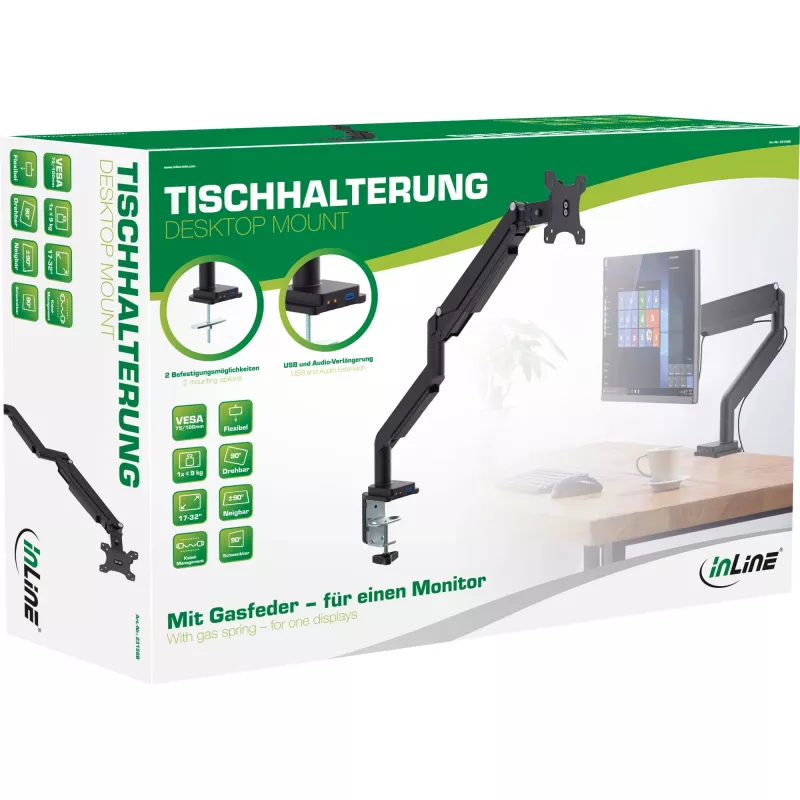 InLine tafelsteun met lift en USB/audio tot max. 82 cm 32 inch 9 kg