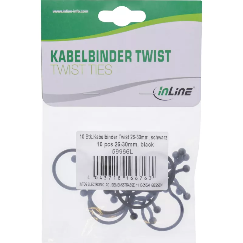 Twist Ties InLine 26–30 mm zwart, 10 stuks — kabel-/snoerorganizer, 30 mm lengte