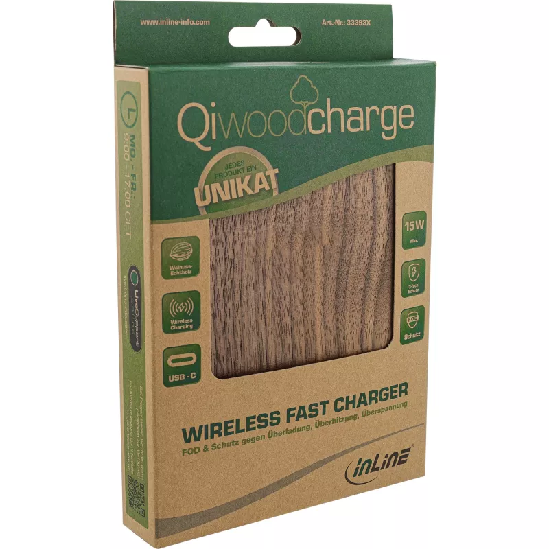 InLine Qi woodcharge, draadloze snellader, 5/7,5/10W/15W, USB-C, zonder logo