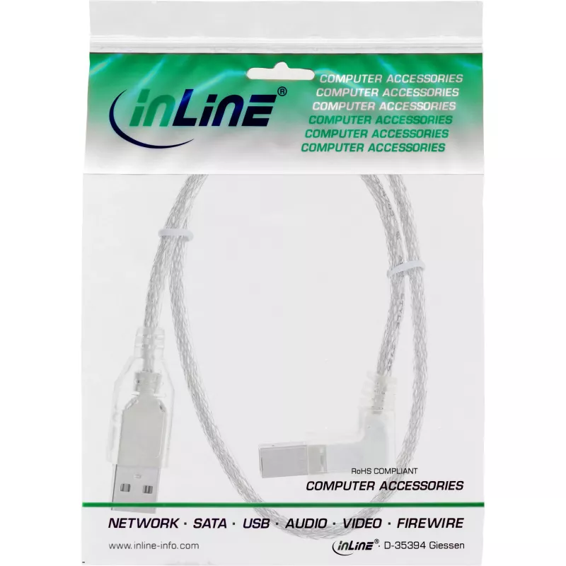 InLine USB 2.0 kabel, haaks, Type-A stekker / B stekker, transparant, 1 m