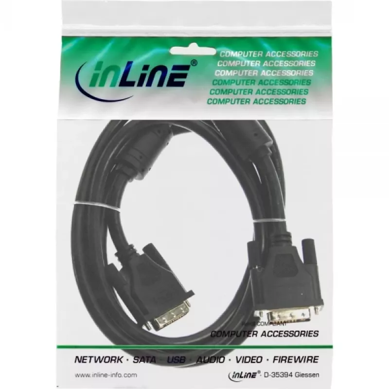 InLine DVI-D-kabel 24+1 stekker/stekker Dual Link met 2 ferrietkernen 10 m