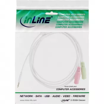 InLine audio headset-adapterkabel 3,5 mm stekker 4-polig / 2x 3,5 mm, wit, 1 m