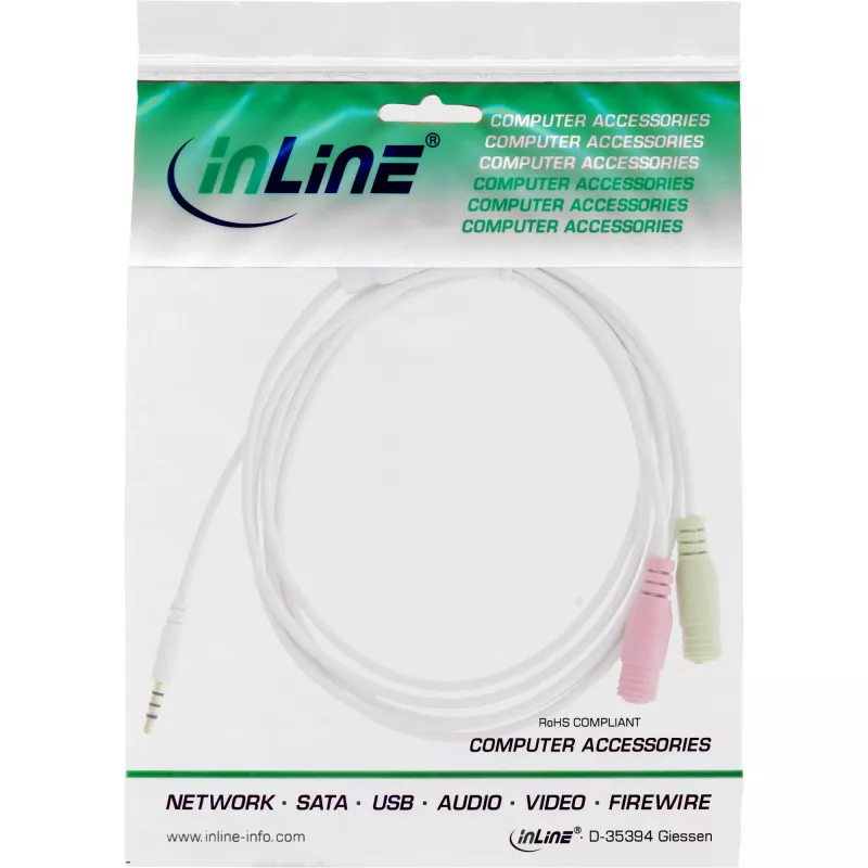InLine audio headset-adapterkabel 3,5 mm stekker 4-polig / 2x 3,5 mm, wit, 1 m