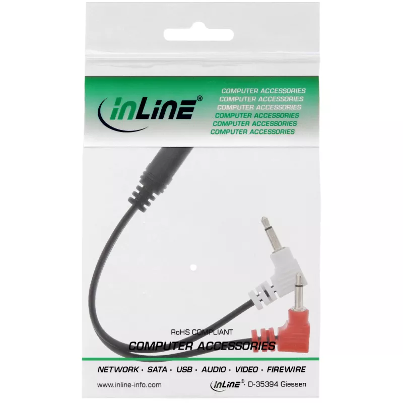 InLine audio vlakke hoofdtelefoon-adapterkabel, 2x 3,5 mm stekker naar 3,5 mm bus 3-polig, 0,15 m