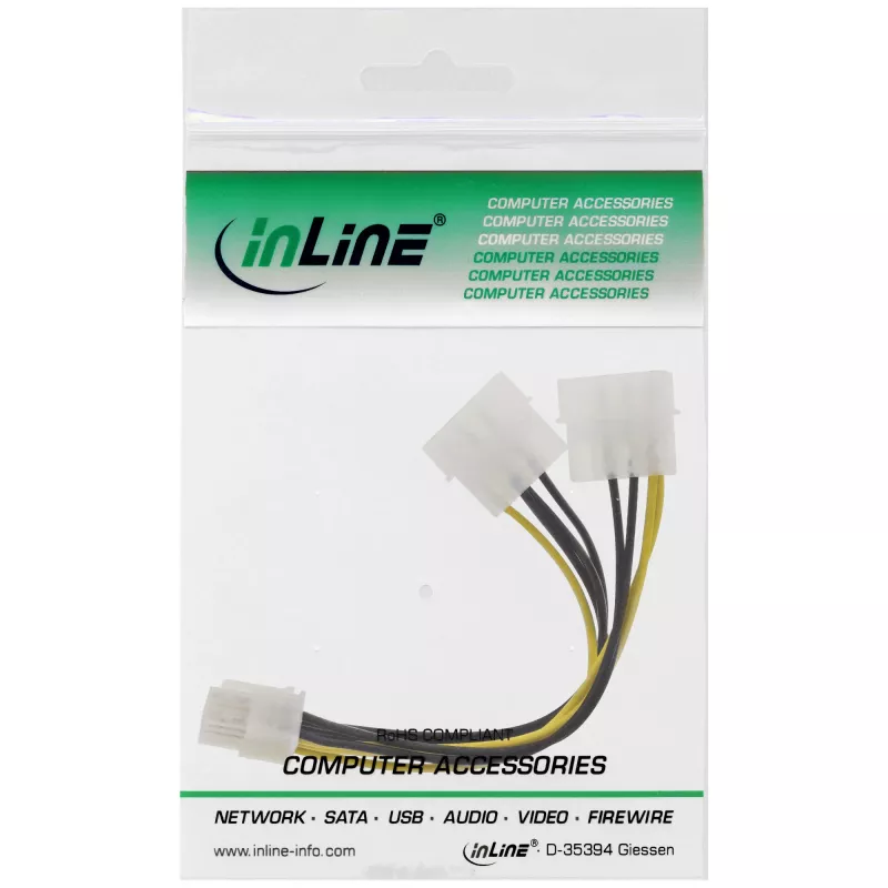 InLine stroomadapterkabel, 2x 5,25 inch stekker / 8-pin PCI-Express stekker, 0,15 m