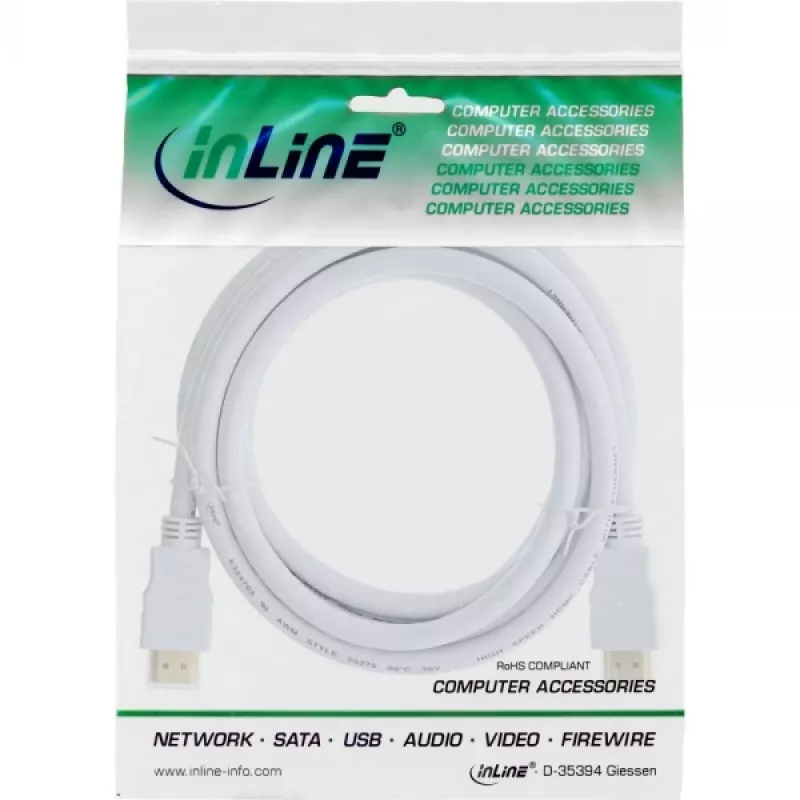 InLine High Speed HDMI-kabel met ethernet, M/M, wit, vergulde contacten, 2 m