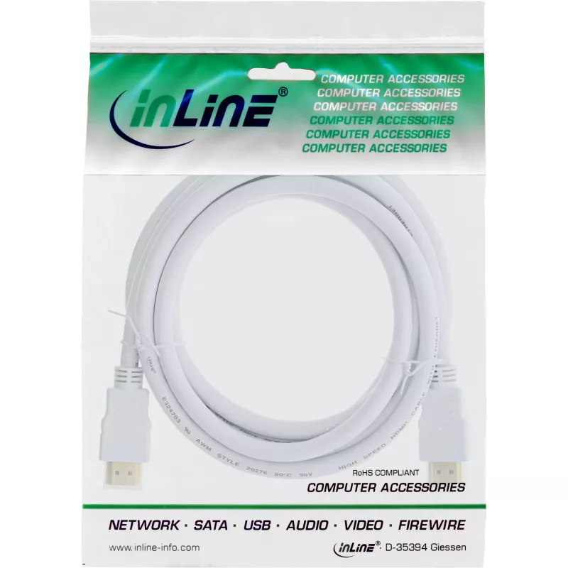 InLine High Speed HDMI-kabel met ethernet, M/M, wit, vergulde contacten, 1,5 m