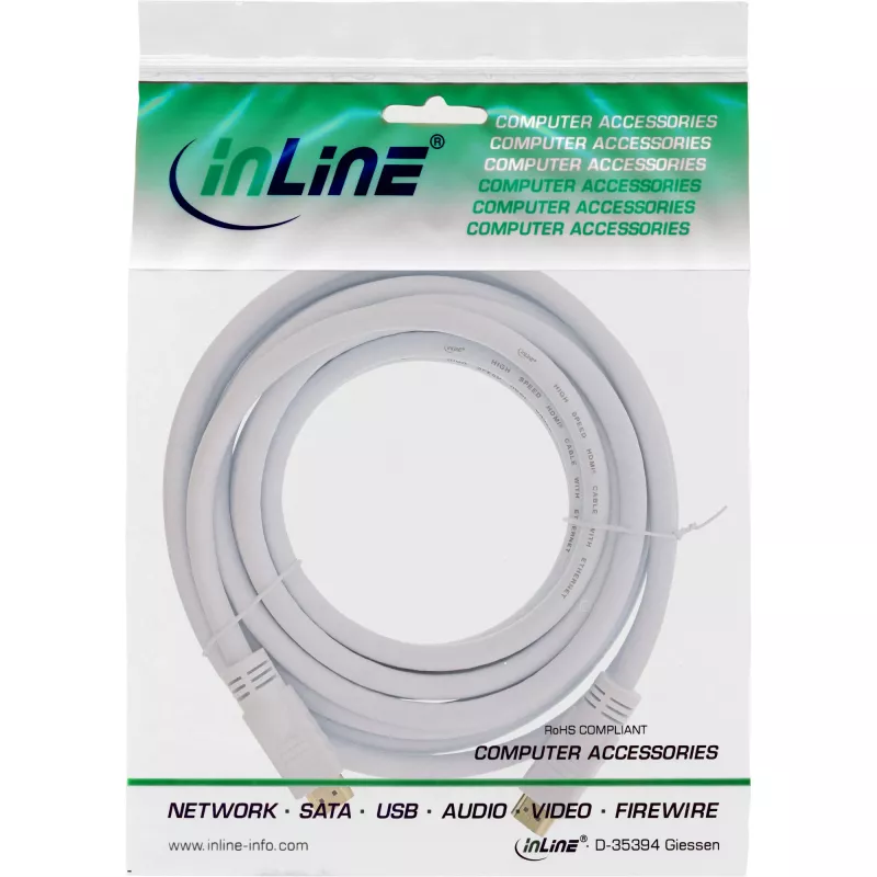 InLine High Speed HDMI-kabel met ethernet, M/M, wit, vergulde contacten, 7,5 m