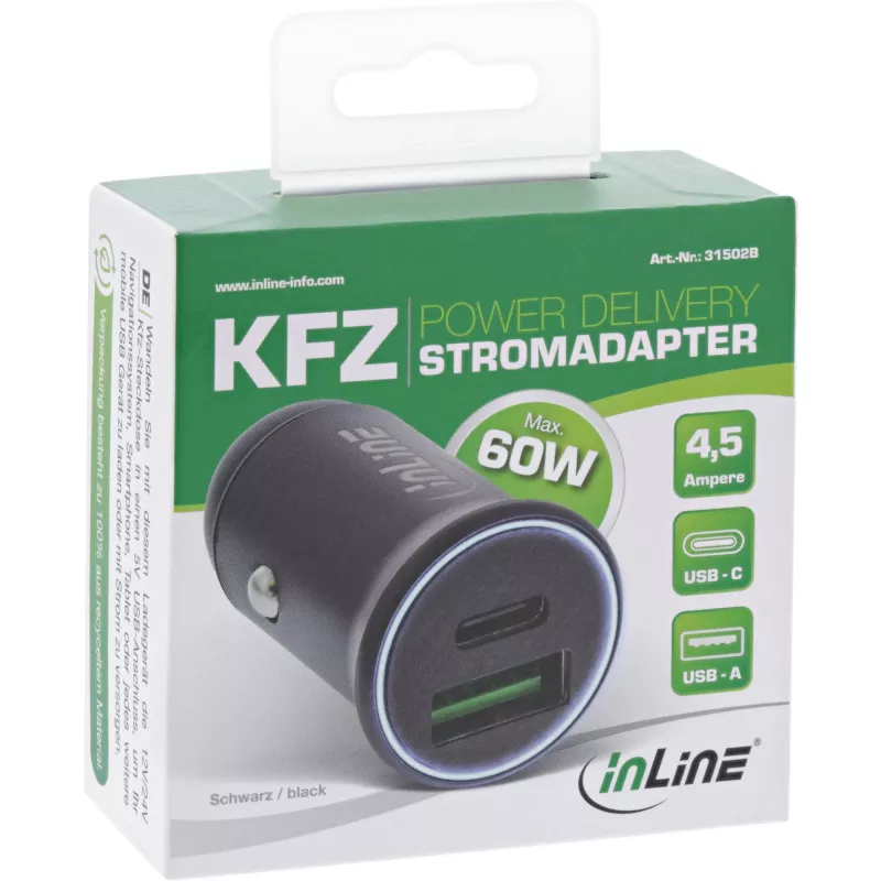 InLine USB-autolader stroomadapter Power Delivery, USB-A + USB-C, zwart