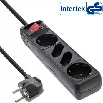 InLine stekkerdoos, 4-voudig, 2x CEE7/3 + 2x Euro CEE 7/16, zwart, 3 m