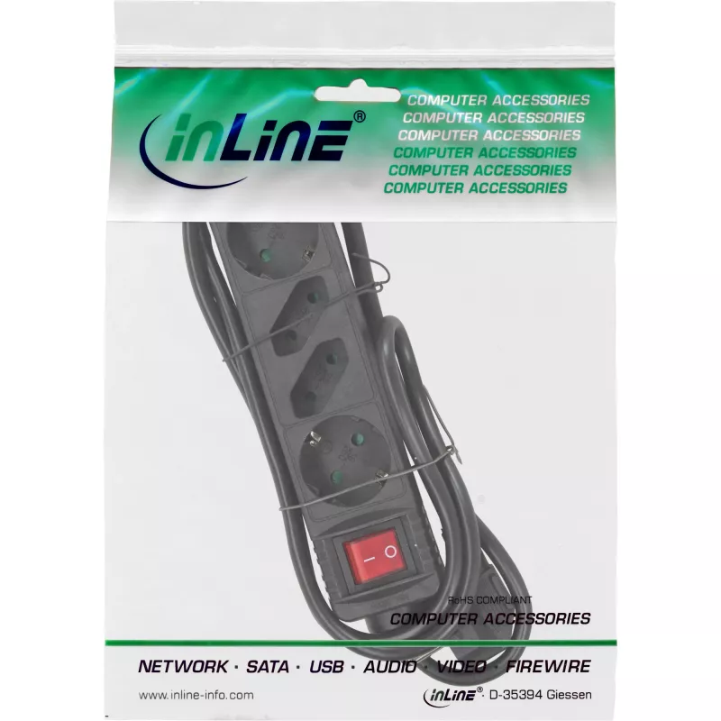 InLine stekkerdoos, 4-voudig, 2x CEE7/3 + 2x Euro CEE 7/16, zwart, 3 m