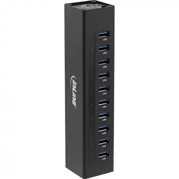 InLine USB 3.0 10-poorts hub aluminium behuizing met 4A voeding, zwart