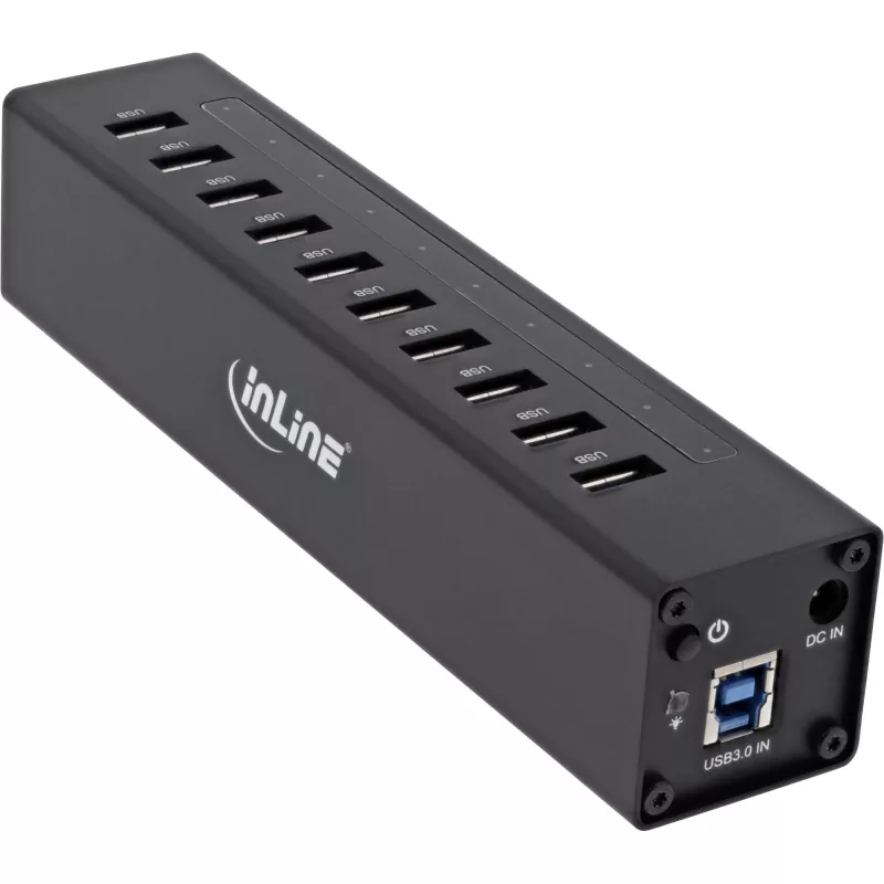 InLine USB 3.0 10-poorts hub aluminium behuizing met 4A voeding, zwart