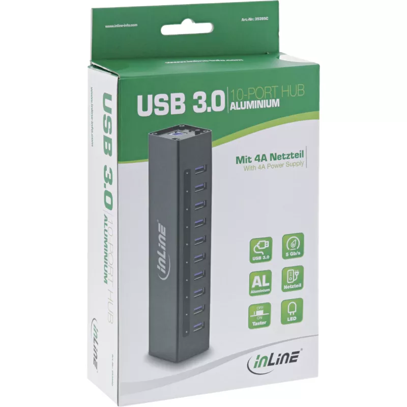 InLine USB 3.0 10-poorts hub aluminium behuizing met 4A voeding, zwart