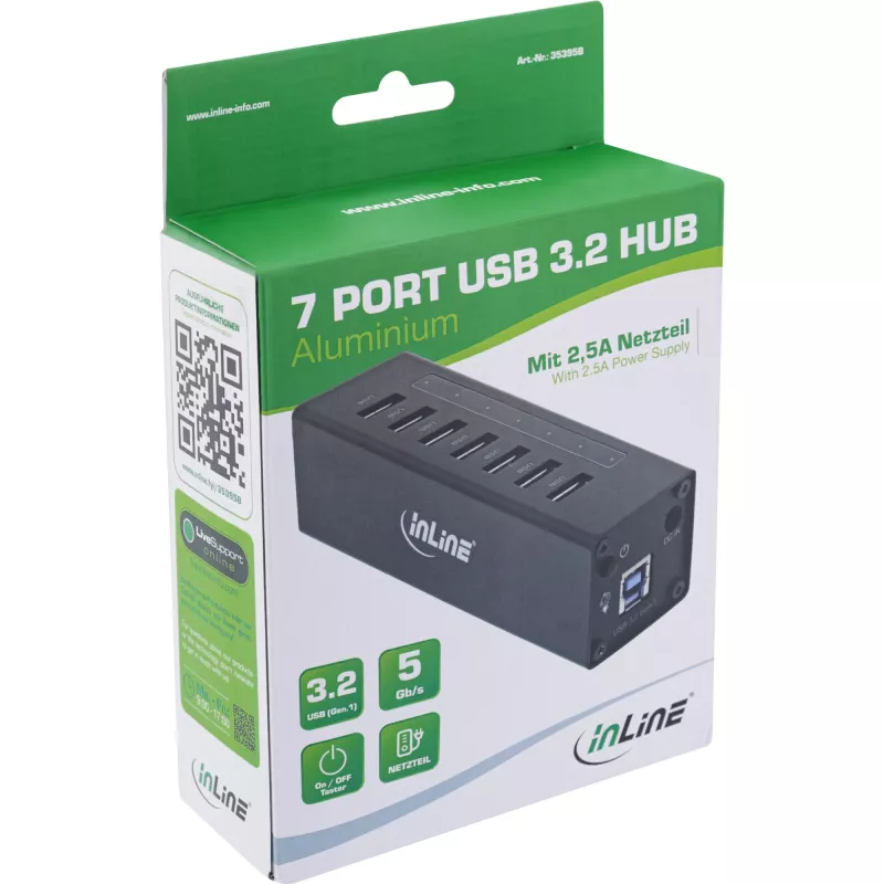 InLine USB 3.0 hub, 7 poorten, aluminium behuizing, met 2,5A voeding