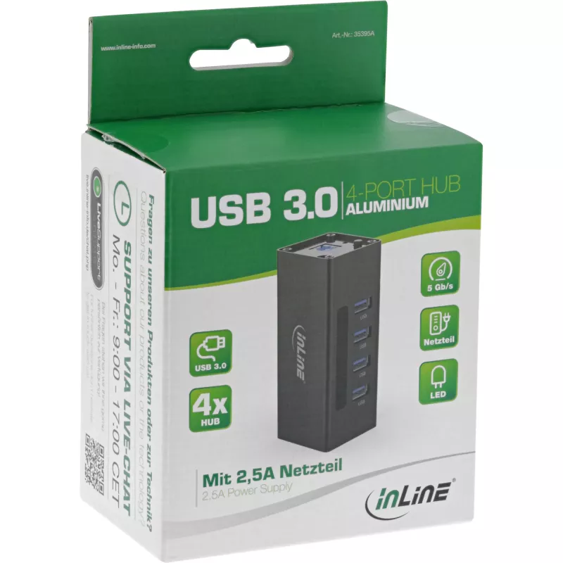 InLine USB 3.0 hub, 4 poorten, aluminium behuizing, met 2,5A voeding