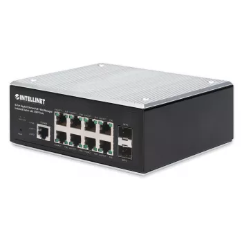Intellinet Industrial 8-poorts Gigabit Ethernet PoE+ Layer 2+ web-managed switch met 2 SFP-poorten, IEEE 802.3at/af (PoE+/PoE) conform, PoE-vermogensbudget tot 240 W, Layer 2+/Layer 3 Lite, IP30-gecertificeerde metalen behuizing, zelfherstellend netwerk, eindpunt