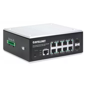 Intellinet Industrial 8-poorts Gigabit Ethernet PoE+ Layer 2+ web-managed switch met 2 SFP-poorten, IEEE 802.3at/af (PoE+/PoE) conform, PoE-vermogensbudget tot 240 W, Layer 2+/Layer 3 Lite, IP30-gecertificeerde metalen behuizing, zelfherstellend netwerk, eindpunt
