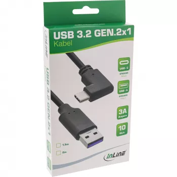 InLine USB 3.2-kabel, USB-C stekker haaks naar USB-A stekker, zwart, 1,5 m