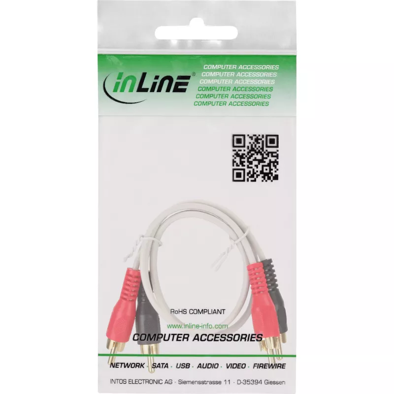 InLine RCA-kabel 2x RCA stekker / stekker verguld 0,5 m, stekker, 2 x RCA, stekker, 0,5 m, wit