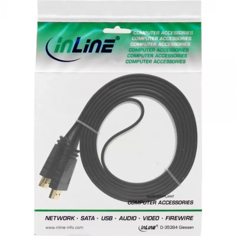 InLine HDMI platkabel High-Speed-kabel met ethernet verguld zwart 2 m