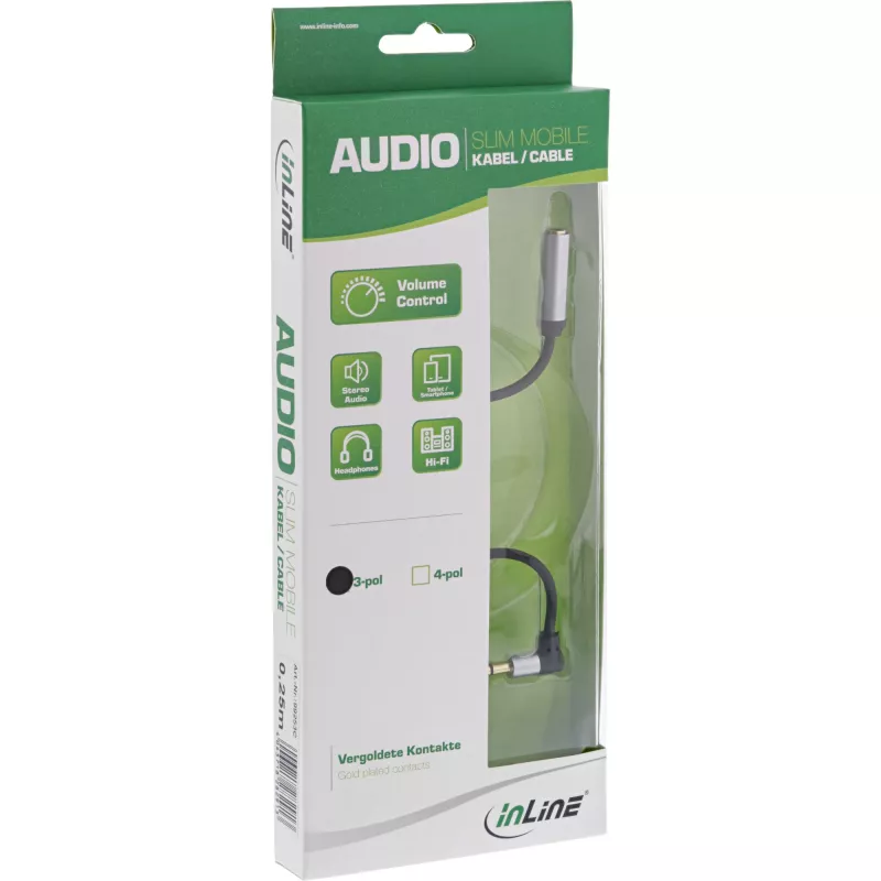 InLine slanke audiokabel 3,5 mm M haaks / F, met volumeregelaar 0,25 m