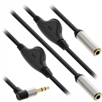 InLine slanke audio Y-kabel 3,5 mm stekker / 2x bus, met volumeregelaar 0,25 m