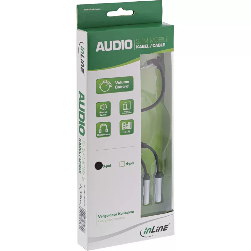 InLine slanke audio Y-kabel 3,5 mm stekker / 2x bus, met volumeregelaar 0,25 m