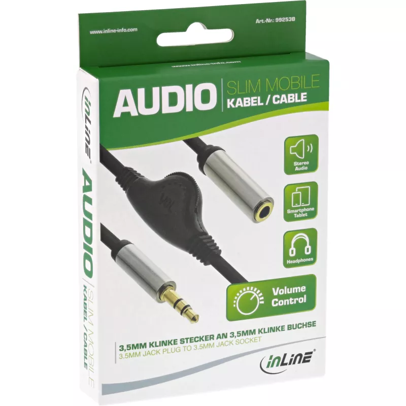 InLine slanke audiokabel 3,5 mm stekker / bus met volumeregelaar 0,25 m