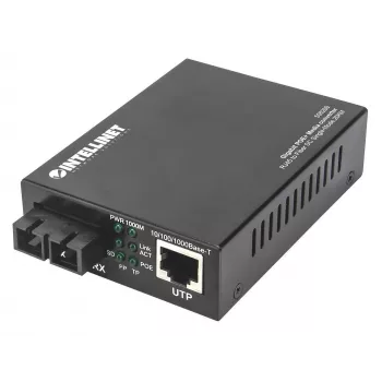 Intellinet Gigabit PoE+ mediaconverter, 1000Base-T RJ45-poort naar 1000Base-LX (SC) singlemode, 20 km, PoE+-injector