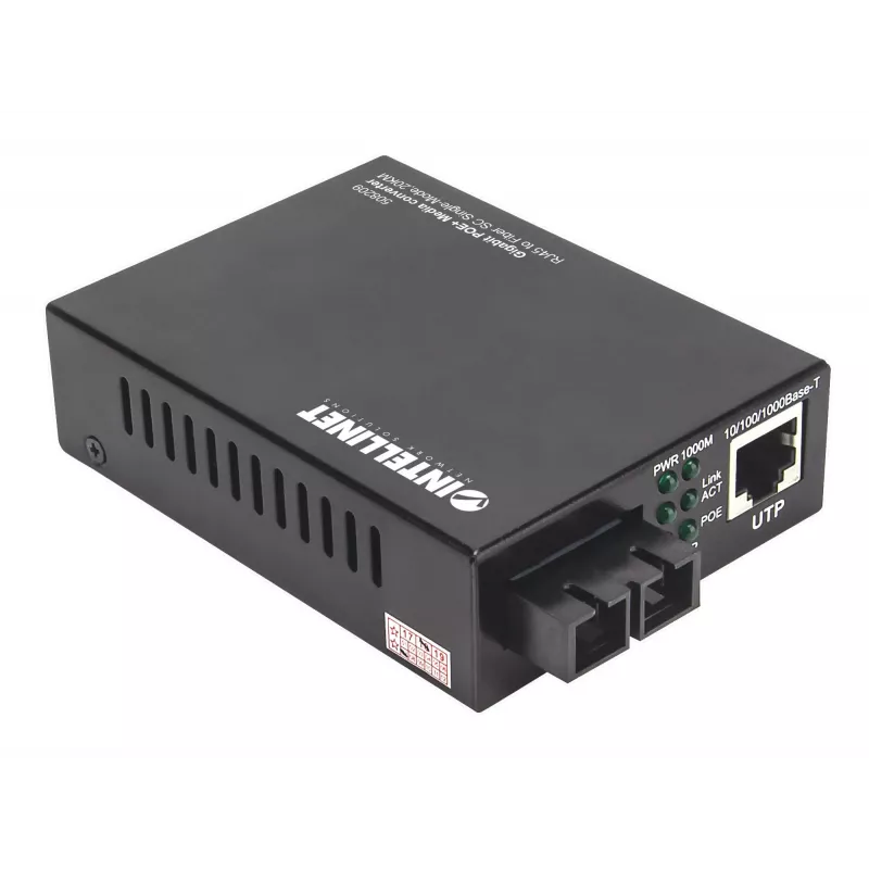 Intellinet 508209 Gigabit PoE+ mediaconverter, 1000Base-T RJ45 naar 1000Base-LX SC singlemode, 20 km, 1310 nm, tot 30 W