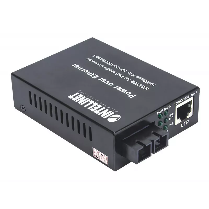 Intellinet 508209 Gigabit PoE+ mediaconverter, 1000Base-T RJ45 naar 1000Base-LX SC singlemode, 20 km, 1310 nm, tot 30 W