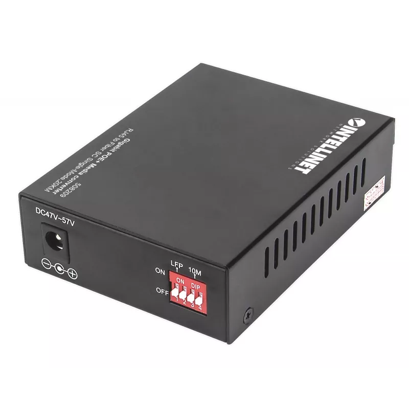 Intellinet 508209 Gigabit PoE+ mediaconverter, 1000Base-T RJ45 naar 1000Base-LX SC singlemode, 20 km, 1310 nm, tot 30 W