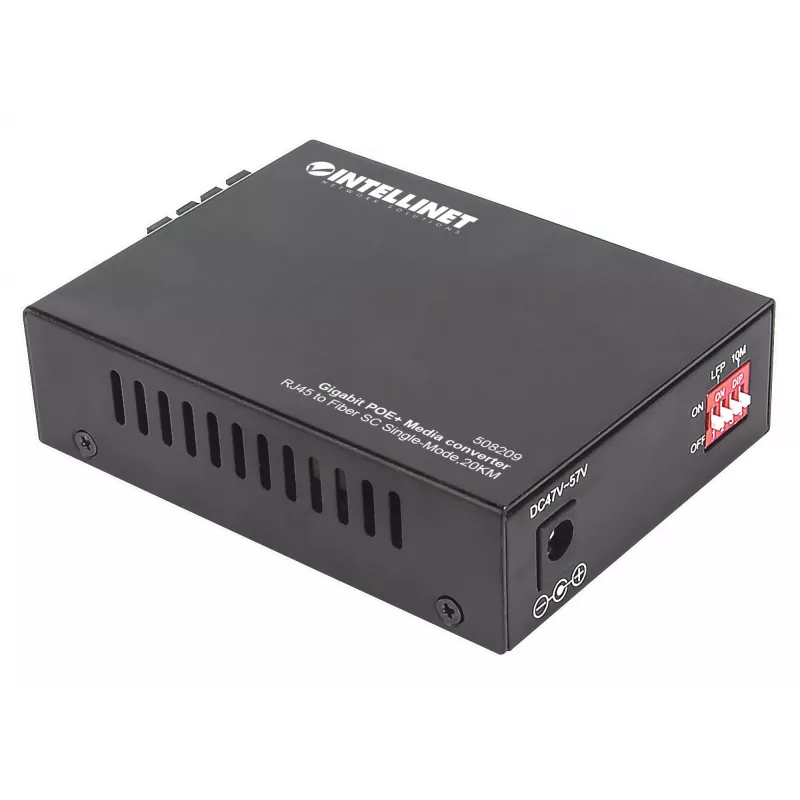 Intellinet 508209 Gigabit PoE+ mediaconverter, 1000Base-T RJ45 naar 1000Base-LX SC singlemode, 20 km, 1310 nm, tot 30 W