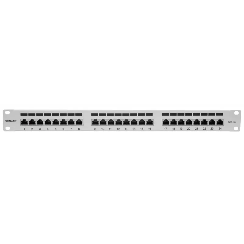 Intellinet patchpanel, Cat6a, FTP, 24-poorts, 1U, afgeschermd, 90° top-entry LSA-strips, grijs