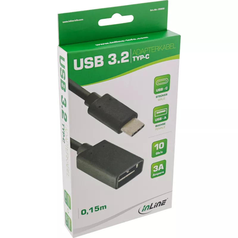 InLine USB 3.2 Gen.1x2 adapterkabel, USB-C stekker / A bus, zwart, 0,15 m
