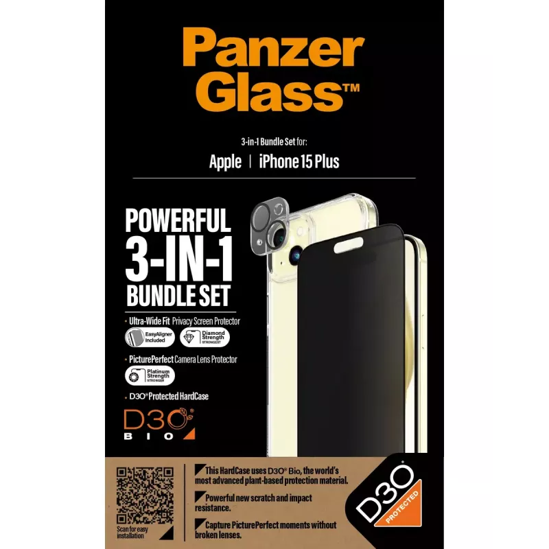 PanzerGlass Privacy 3-in-1 pack iPhone 15 Plus gehard glas