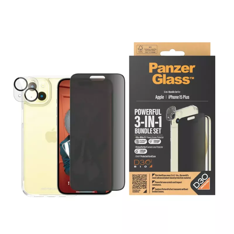 PanzerGlass Privacy 3-in-1 pack iPhone 15 Plus gehard glas